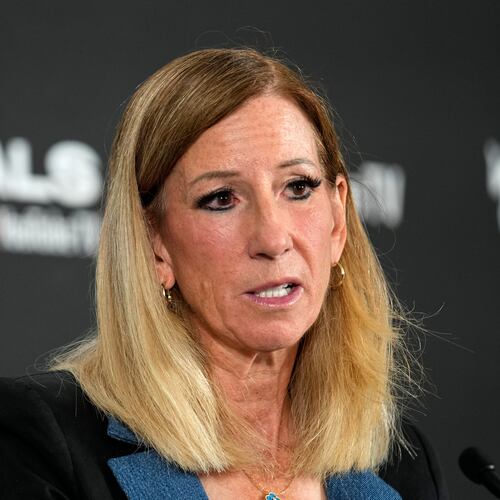 FILE - WNBA commissioner Cathy Engelbert speaks prior to Game 1 of a WNBA basketball final playoff series between the Las Vegas Aces and the Phoenix Mercury, Oct. 3, 2025, in Las Vegas. (AP Photo/John Locher, File)