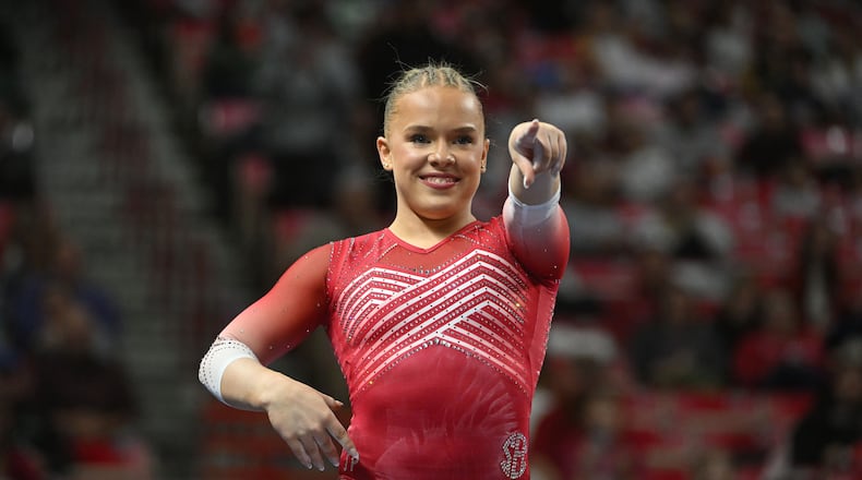 Arkansas gymnast Joscelyn Roberson competes on the beam during an NCAA gymnastics meet against Auburn on Sunday, Jan. 18, 2026, in Fayetteville, Ark. (Michael Woods/AP)