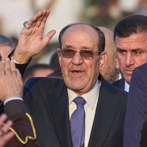 FILE - Former Iraqi Prime Minister Nouri al-Maliki arrives to his political block campaign rally before the parliamentary elections in Baghdad, Iraq, Friday, Nov. 7, 2025. (AP Photo/Hadi Mizban, File)