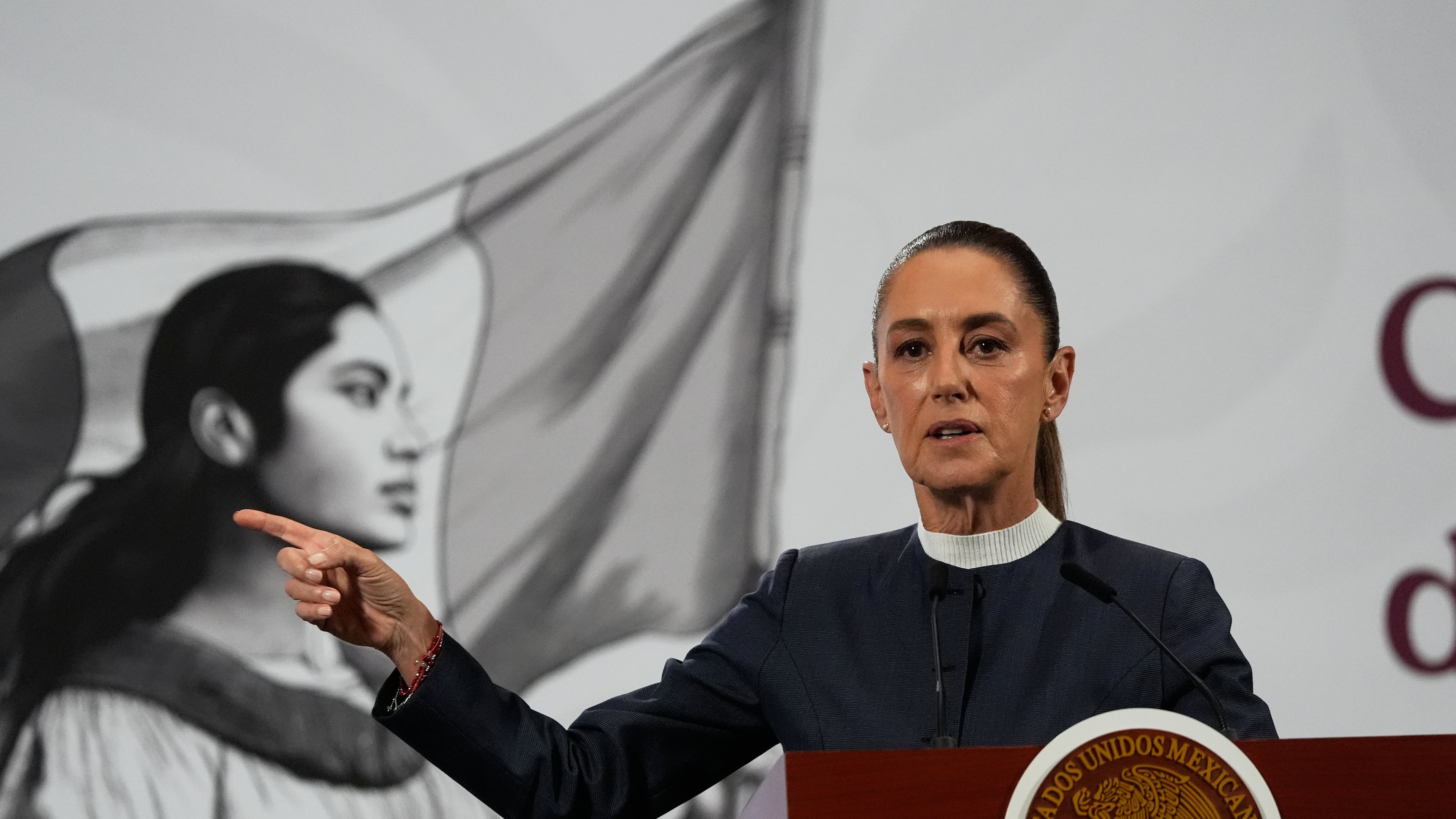 Mexican President Claudia Sheinbaum gives a morning press conference at the National Palace in Mexico City, Monday, Nov. 3, 2025. (AP Photo/Marco Ugarte)