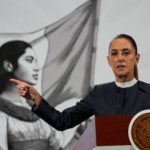 Mexican President Claudia Sheinbaum gives a morning press conference at the National Palace in Mexico City, Monday, Nov. 3, 2025. (AP Photo/Marco Ugarte)