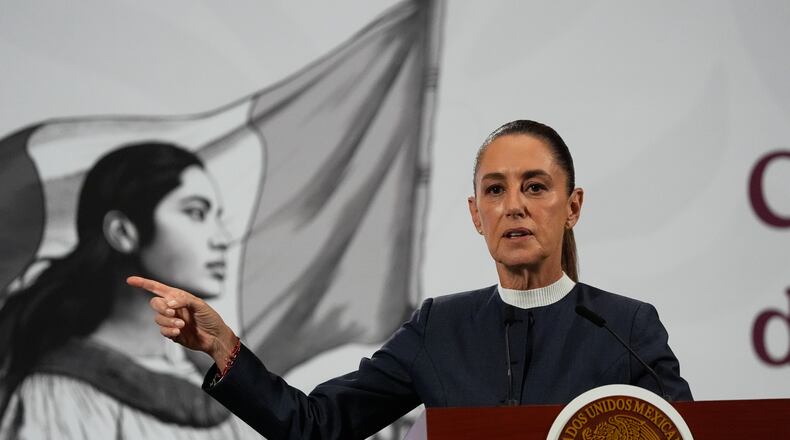 Mexican President Claudia Sheinbaum gives a morning press conference at the National Palace in Mexico City, Monday, Nov. 3, 2025. (AP Photo/Marco Ugarte)