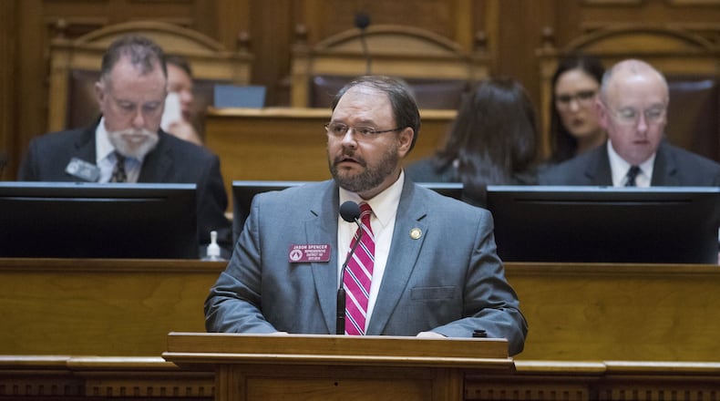 Rep. Jason Spencer, R - Woodbine, sponsors HB 605, the Hidden Predator Act, at the House Chambers during Crossover day at the Georgia State Capitol in Atlanta, on Wednesday, Feb. 28, 2018. ALYSSA POINTER/ALYSSA.POINTER@AJC.COM
