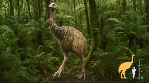 A depiction is represented of the largest species of moa, the South Island giant moa, which once could stand 12 feet (3.6 meters) tall. (Courtesy of Colossal Biosciences via AP)