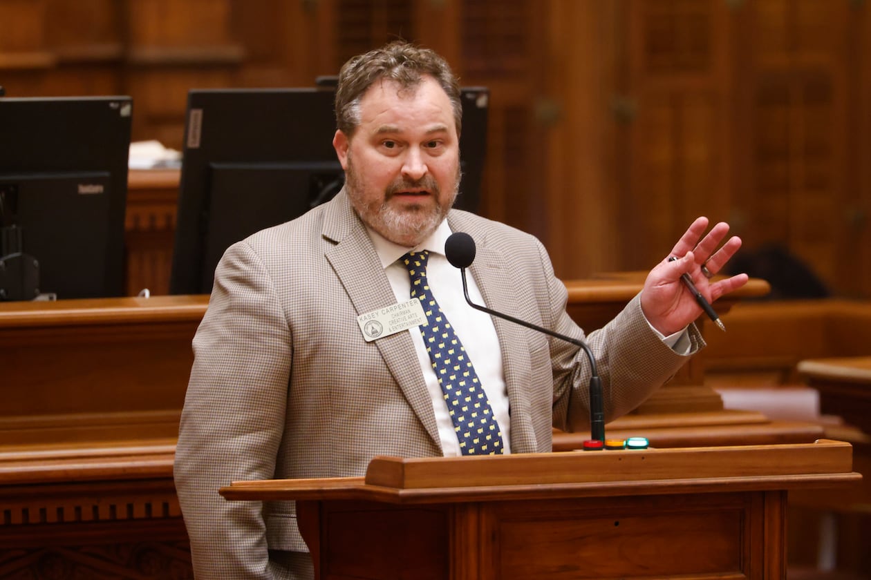 State Rep. Kasey Carpenter, R-Dalton, speaks in support of House Resolution 450, a sports betting measure, at the Capitol in Atlanta on Crossover Day, Friday, March 6, 2026. Carpenter is one of numerous lawmakers supported by the sports-betting industry in last week's primary election. (Arvin Temkar/AJC)