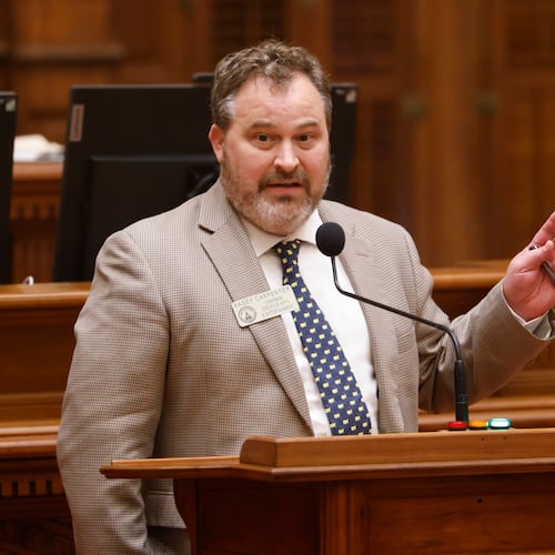 State Rep. Kasey Carpenter, R-Dalton, speaks in support of House Resolution 450, a sports betting measure, at the Capitol in Atlanta on Crossover Day, Friday, March 6, 2026. Carpenter is one of numerous lawmakers supported by the sports-betting industry in last week's primary election. (Arvin Temkar/AJC)