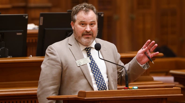 State Rep. Kasey Carpenter, R-Dalton, speaks in support of House Resolution 450, a sports betting measure, at the Capitol in Atlanta on Crossover Day, Friday, March 6, 2026. Carpenter is one of numerous lawmakers supported by the sports-betting industry in last week's primary election. (Arvin Temkar/AJC)
