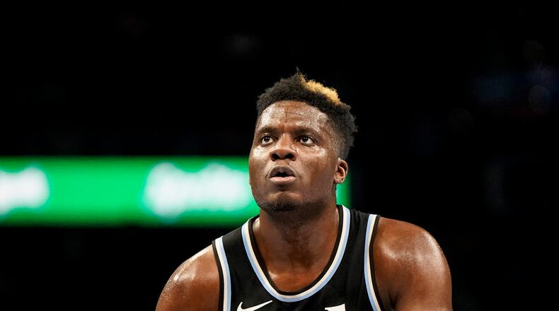 Atlanta Hawks center Clint Capela (15) shoots against the Philadelphia 76ers during the first half of an In-Season Tournament NBA basketball game, Friday, Nov. 17, 2023, in Atlanta. (AP Photo/Mike Stewart)