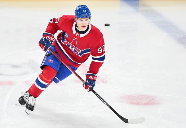 Montreal Canadiens' Ivan Demidov skates prior to an NHL hockey game against the Chicago Blackhawks in Montreal, Monday, April 14, 2025. (Graham Hughes/The Canadian Press via AP)
