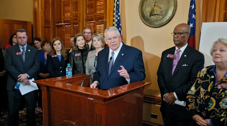 A House press conference that saw the unveiling of HB 930, a measure to involve state government in transit issues. From left: House Transportation Chairman Keven Tanner, R-Dawsonville; state Reps. Meagan Hanson, R-Brookhaven; Deborah Silcox, R-Sandy Springs; Tom Taylor, R-Dunwoody; Beth Beskin, R-Atlanta; House Speaker David Ralston, R-Blue Ridge; state Reps. Calvin Smyre, D-Columbus; and Mary Margaret Oliver, D-Decatur. BOB ANDRES /BANDRES@AJC.COM