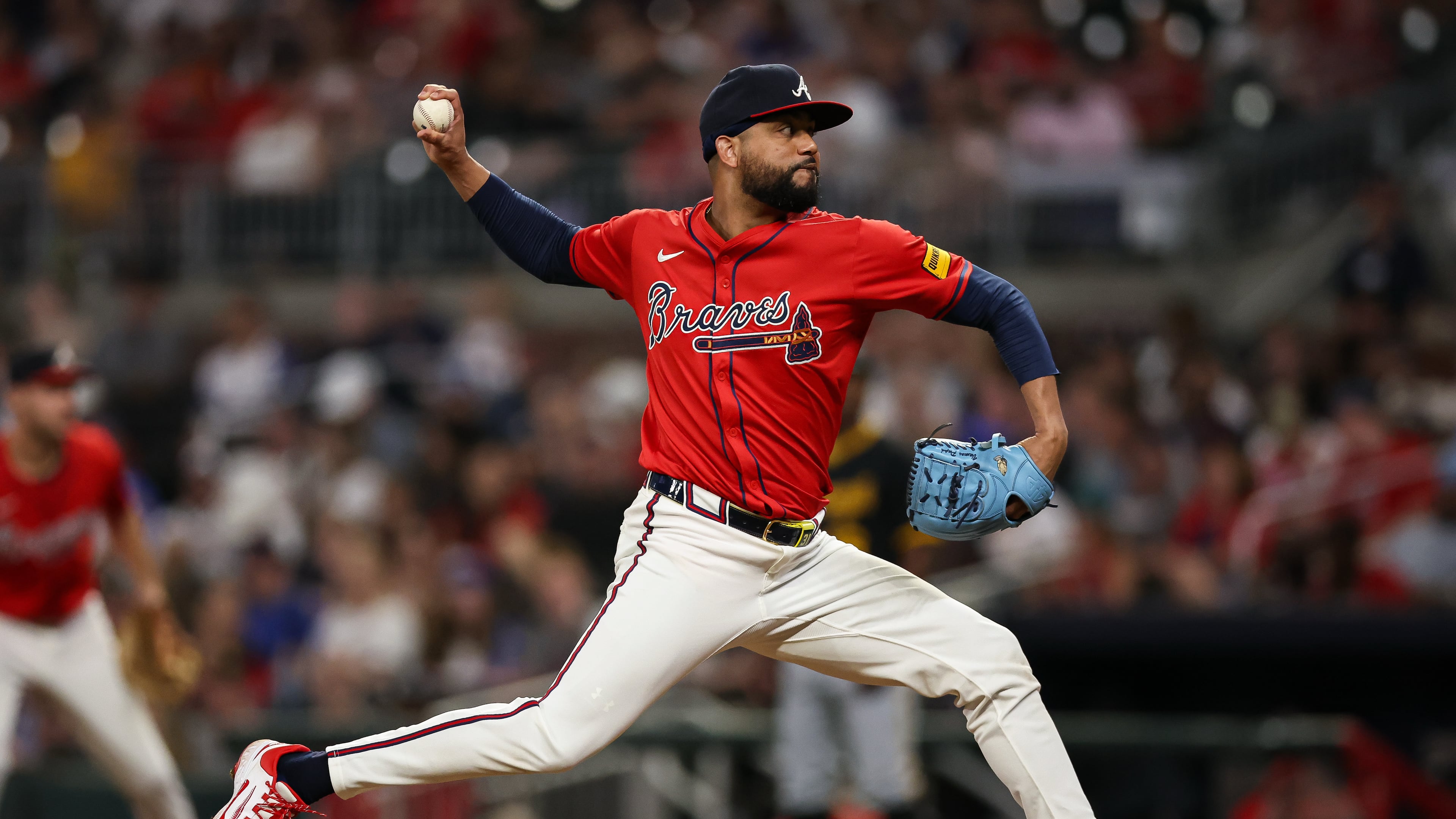 Atlanta Braves pitcher Joel Payamps delivers in the sixth inning of a baseball game against the Pittsburgh Pirates, Friday, Sept. 26, 2025, in Atlanta. (AP Photo/Colin Hubbard)