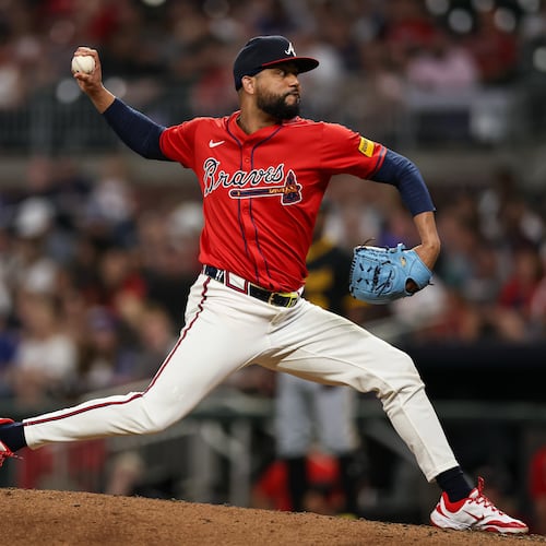 Atlanta Braves pitcher Joel Payamps delivers in the sixth inning of a baseball game against the Pittsburgh Pirates, Friday, Sept. 26, 2025, in Atlanta. (AP Photo/Colin Hubbard)