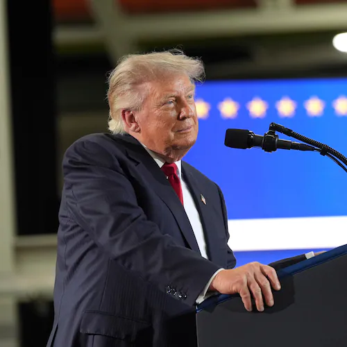President Donald Trump pauses during a speech at General Motors proving ground, Monday, July 27, 2026, in Milford, Mich. (AP Photo/Alex Brandon)
