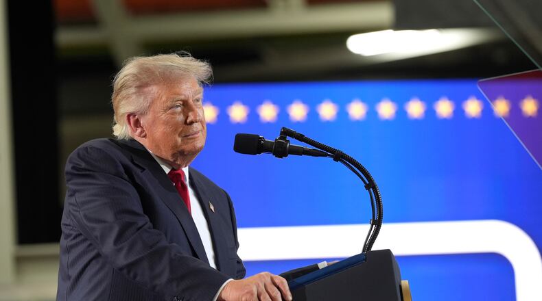 President Donald Trump pauses during a speech at General Motors proving ground, Monday, July 27, 2026, in Milford, Mich. (AP Photo/Alex Brandon)