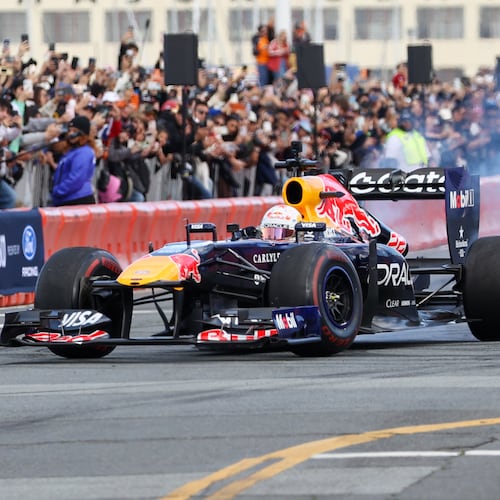 Oracle Red Bull Racing F1 car and Visa Cash App Racing Bulls F1 reserve driver Yuki Tsunoda takes part in a demonstration presented by Ford is a Formula One during the Red Bull Showrun in San Francisco on February 21, 2026. (Tayfun Coskun/Anadolu via Getty Images)