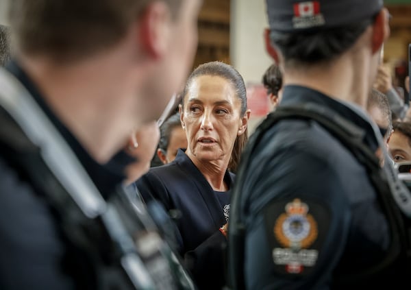 FILE - Mexican President Claudia Sheinbaum arrives in Calgary, Alberta, June 16, 2025, to attend the G7 Leaders meeting, taking place in Kananaskis, Alberta. (Jeff McIntosh/The Canadian Press via AP File)