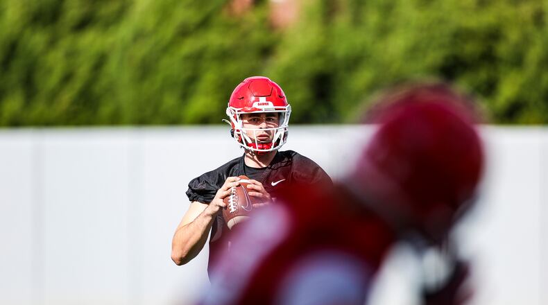 Georgia quarterback JT Daniels (18) prepares to pass during the Bulldogs’ practice session Thursday, March 18, 2021, in Athens. (Tony Walsh/UGA)