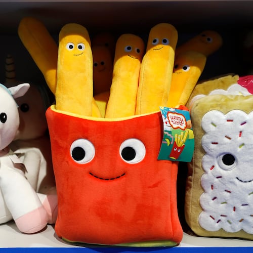 FILE - Plush toys are displayed at a Camp store in New York. Camp, Nov. 21, 2019. (AP Photo/Mark Lennihan, File)