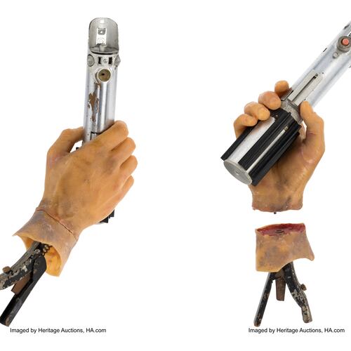 This combination of images released by Heritage Auctions show the light saber used on screen by Mark Hamill's character Luke Skywalker in the 1980 "Star Wars" sequel "The Empire Strikes Back." (Heritage Auctions via AP)