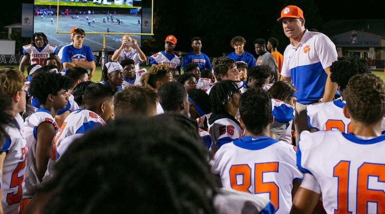 Parkview head coach Eric Godfree talks to the team after a 2019 win over Norcross.