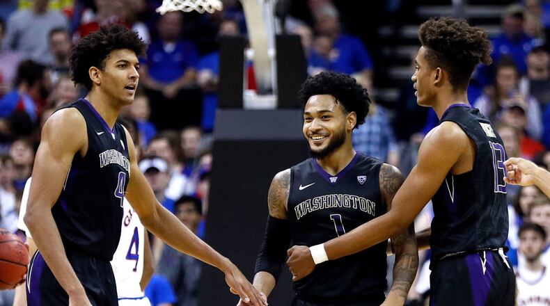 David Crisp #1 of the Washington Huskies smiles after being called for a technical foul during the game against the Kansas Jayhawks at the Sprint Center on December 6, 2017 in Kansas City, Missouri.  (Photo by Jamie Squire/Getty Images)