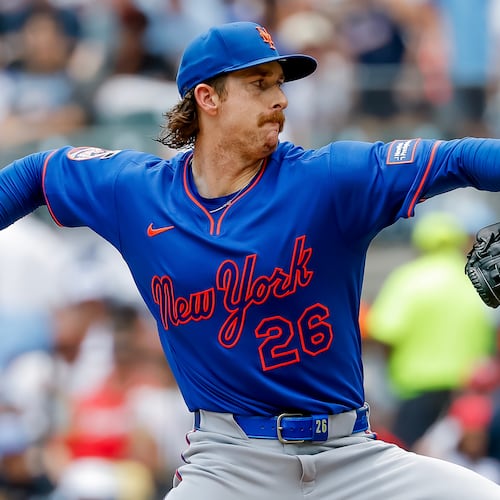 New York Mets pitcher Nolan McLean delivers to an Atlanta Braves batter during the first inning of a baseball game, Sunday, July 5, 2026, in Atlanta. (AP Photo/Erik S. Lesser)