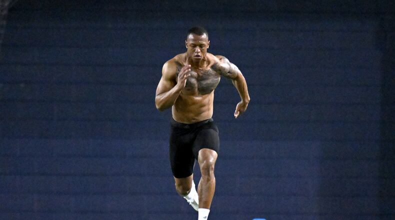 Georgia Tech defensive back Jaylon King runs the 40-yard dash during Georgia Tech Pro Day at Georgia Tech football's indoor practice facility, Friday, March 15, 2024, in Atlanta. (Hyosub Shin / Hyosub.Shin@ajc.com)
