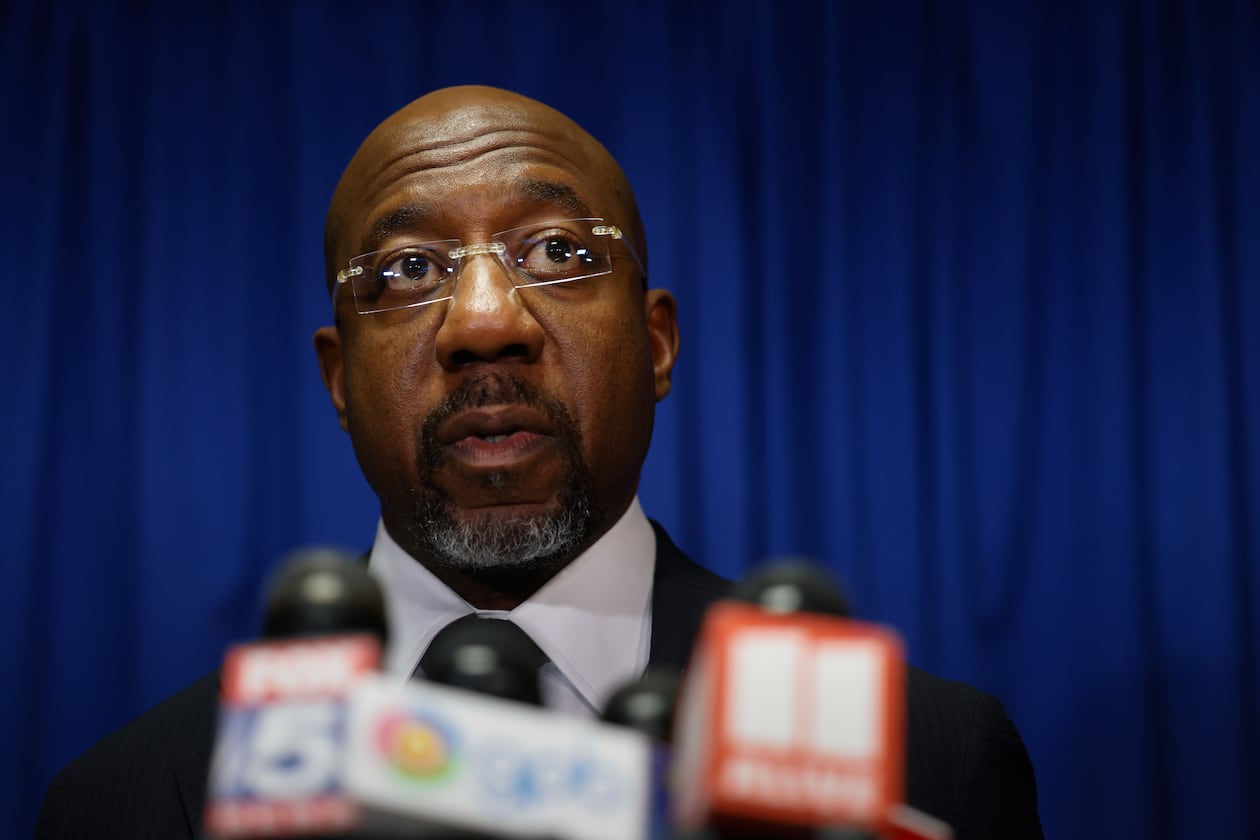 Democratic U.S. Sen. Raphael Warnock speaks at press conference before the state legislature convenes for a special session in Atlanta on June 17, 2026. (Arvin Temkar/AJC)