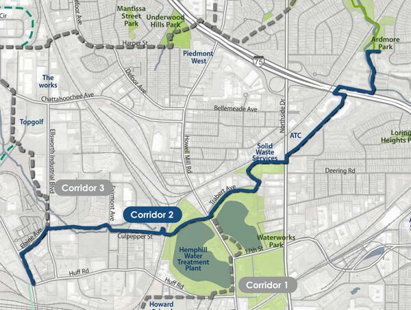 This path, outlined in dark blue, is the top-ranked route for the Beltline's Northwest Trail.