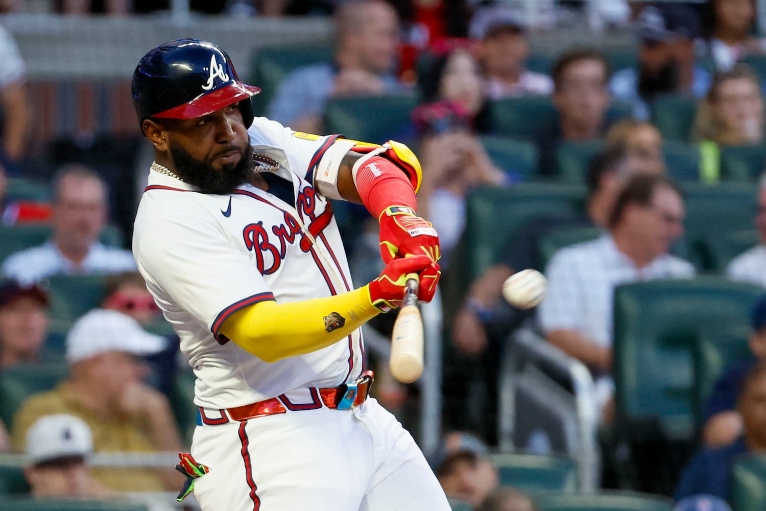 Atlanta Braves designated hitter Marcell Ozuna (20) connects the ball for a solo home run during the fifth inning against the Washington Nationals on Monday, May 12, 2025, in Atlanta.  
(Miguel Martinez/ AJC)