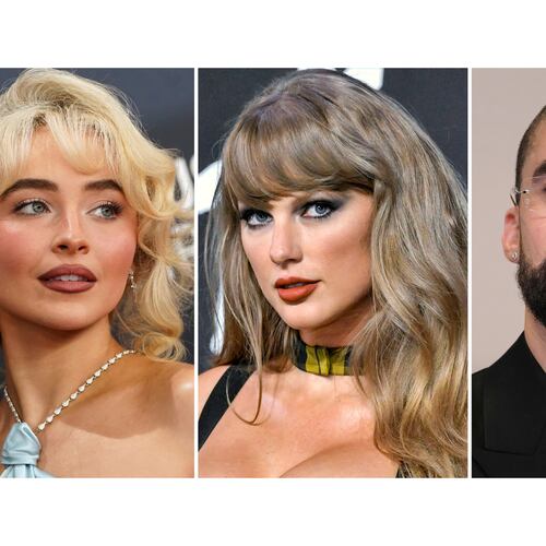 This combination of photos shows Sabrina Carpenter, left, Taylor Swift, center, and Bad Bunny. (AP Photo)