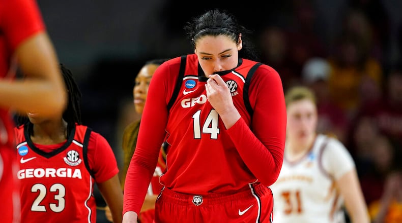 Georgia center Jenna Staiti walks upcourt during the second half of a second-round game against Iowa State in the NCAA Tournament. Iowa State won 67-44, ending Staiti's UGA career. (AP Photo/Charlie Neibergall)