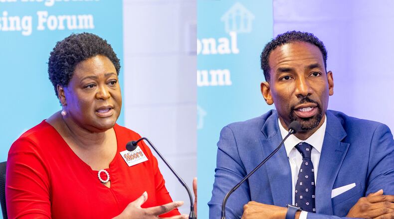 Andre Dickens and Felicia Moore participate in the Atlanta Regional Mayoral Forum, moderated by Bill Bolling, and centered around Atlanta's housing challenges and takes place in two parts Wednesday, Oct 6, 2021. (Jenni Girtman for The Atlanta Journal-Constitution)