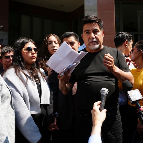 FILE - David Huerta, the president of the Service Employees International Union California who was arrested during an immigration raid, speaks after he was released on a bond in downtown Los Angeles on June 9, 2025. (AP Photo/Damian Dovarganes, File)