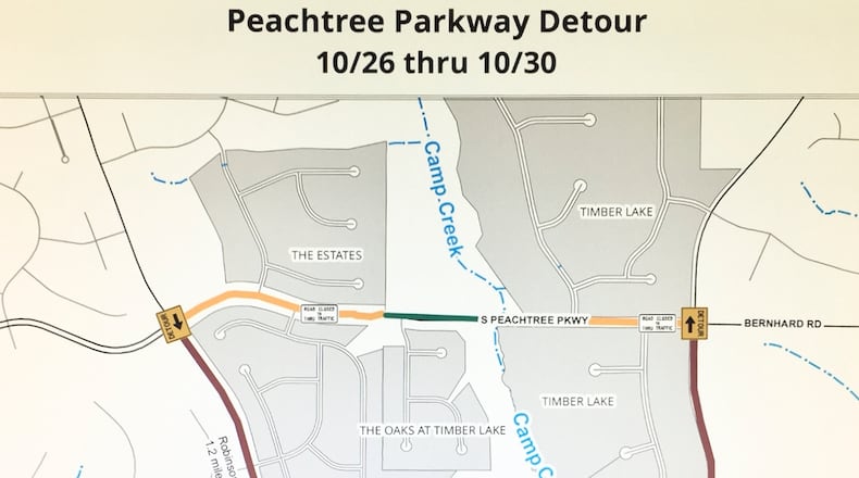 A detour will route traffic around the portion of South Peachtree Parkway that will be under repair Oct. 26-30. Courtesy Fayette County