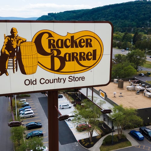 FILE - This aerial image taken with a drone shows a Cracker Barrel restaurant in Binghamton, N.Y., Aug. 23, 2025. (AP Photo/Ted Shaffrey, File)