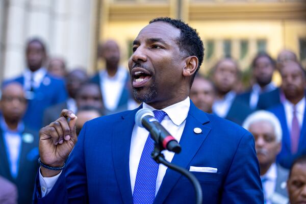 Mayor Andre Dickens speaks at a press conference in front of Atlanta City Hall about the Atlanta Public Safety Training Center on Wednesday, April 19, 2023. (Arvin Temkar / arvin.temkar@ajc.com)