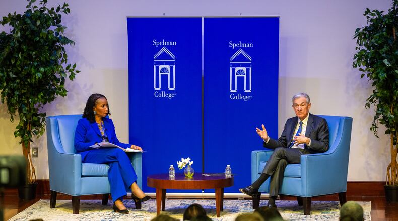 231201 ATLANTA, GA — Federal Reserve Chair Jerome Powell participates in a fireside chat with Spelman College President Helene Gayle in Atlanta on Friday, Dec. 1, 2023.
(Bita Honarvar for The Atlanta Journal-Constitution)