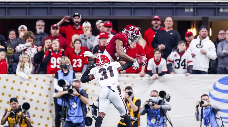 Georgia defensive back William Poole breaks up a pass intended for Alabama's Jahleel Billingsley during the College Football Playoff Championship game in January at Lucas Oil Stadium in Indianapolis. (Photo by Tony Walsh/UGA Athletics)