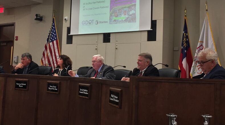 An overview of a plan to reconfigure the SR 74/54 intersection in Peachtree City was presented to the city council on Thursday. Jill Howard Church for the AJC
