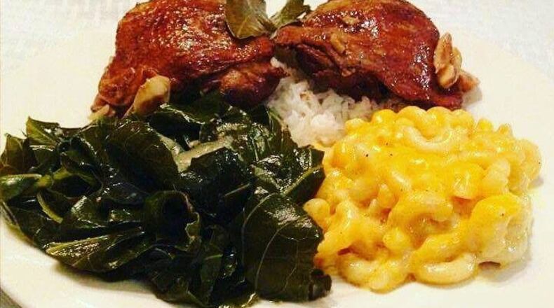 Adobo Chicken with mac n cheese and collards./ Photo: Janet's Kitchen