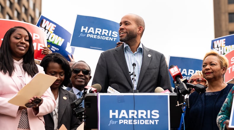 Georgia State Sen. Jason Esteves, D-Atlanta, speaks at a July 24 Harris rally at Liberty Plaza near the Georgia State Capitol in Atlanta. (Seeger Gray/The Atlanta Journal-Constitution)