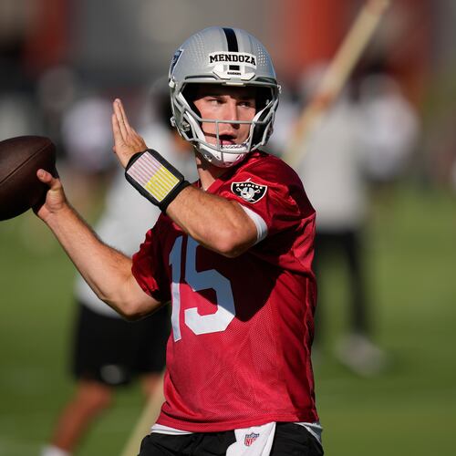 FILE - Las Vegas Raiders quarterback Fernando Mendoza throws during the NFL football team's practice Wednesday, June 10, 2026, in Henderson, Nev. (AP Photo/John Locher)