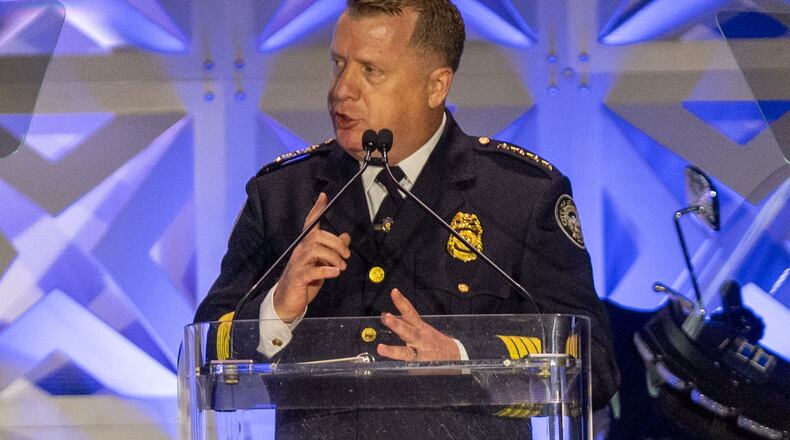 Atlanta Police Chief Darin Schierbaum delivers his remarks during the annual “Crime is Toast” breakfast at the Georgia World Congress Center on Tuesday, Sept. 24, 2024. The event celebrates the exceptional service of the Atlanta Police Department (APD)
(Miguel Martinez / AJC)