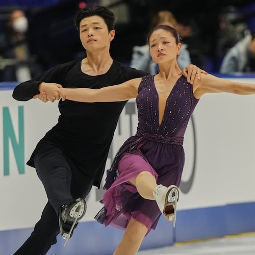 Maia Shibutani and Alex Shibutani, of the U.S., perform during the ice dance free dance program in the ISU Grand Prix of Figure Skating - NHK Trophy in Kadoma, east of Osaka, western Japan, Saturday, Nov. 8, 2025. (AP Photo/Hiro Komae)