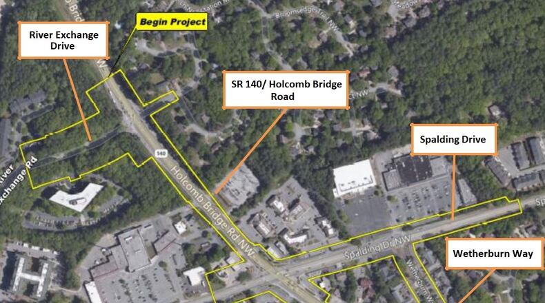 A proposed $2.7 million project would remove the dedicated left-turn lanes along Spalding Drive at the intersection of Ga. 140/Holcomb Bridge Road in Peachtree Corners and would reroute those left turn movements to existing signalized intersections with Ga. 140/Holcomb Bridge Road along River Exchange Drive and Wetherburn Way. (Courtesy Georgia DOT)
