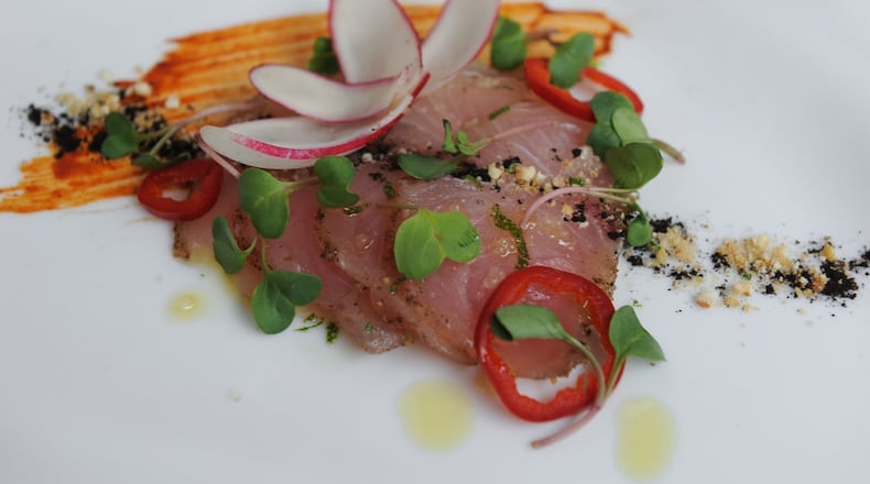 5Church Pastrami Cured Hamachi with red mole, radishes, finger limes, corn nuts. (BECKY STEIN PHOTOGRAPHY)
