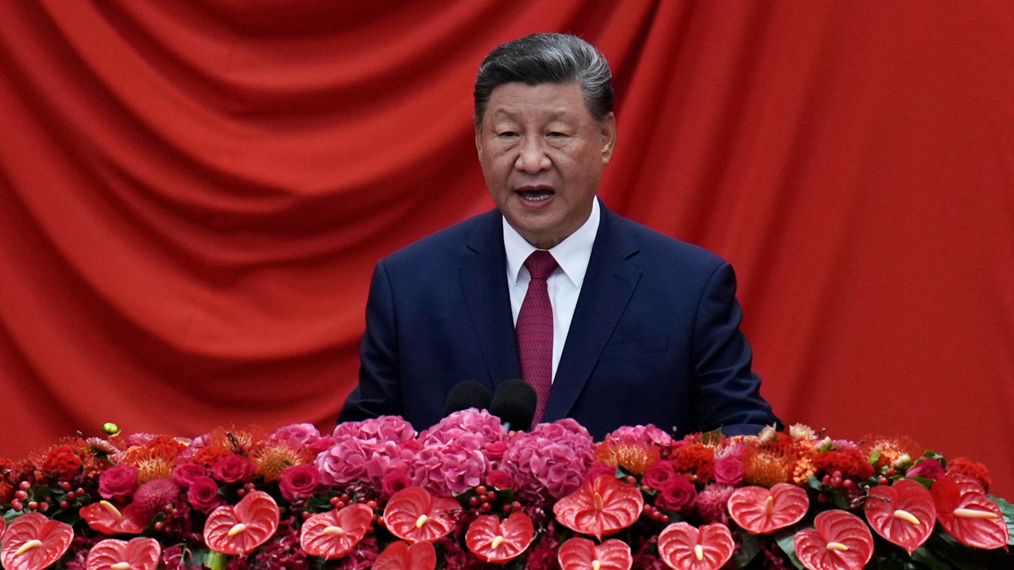 Chinese President Xi Jinping speaks at the National Day Reception at the Great Hall of the People on the eve of the 76th anniversary of the founding of the People's Republic of China in Beijing, Tuesday, Sept. 30, 2025. (AP Photo/Ng Han Guan)
