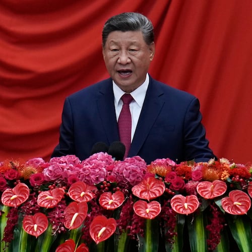 Chinese President Xi Jinping speaks at the National Day Reception at the Great Hall of the People on the eve of the 76th anniversary of the founding of the People's Republic of China in Beijing, Tuesday, Sept. 30, 2025. (AP Photo/Ng Han Guan)