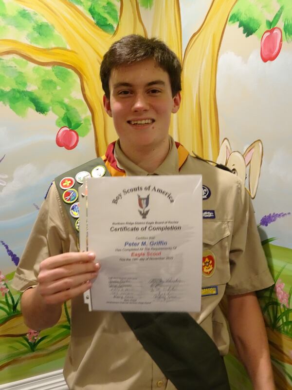 The Northern Ridge Boy Scout District (Cities of Roswell, Alpharetta, John’s Creek, Milton) is
proud to announce its newest Eagle Scout, Miles Gilbreth, who passed their Board of Review
this November
On November 19: Peter Griffin, Troop 1134, sponsored by St. Peter Chanel Catholic Church